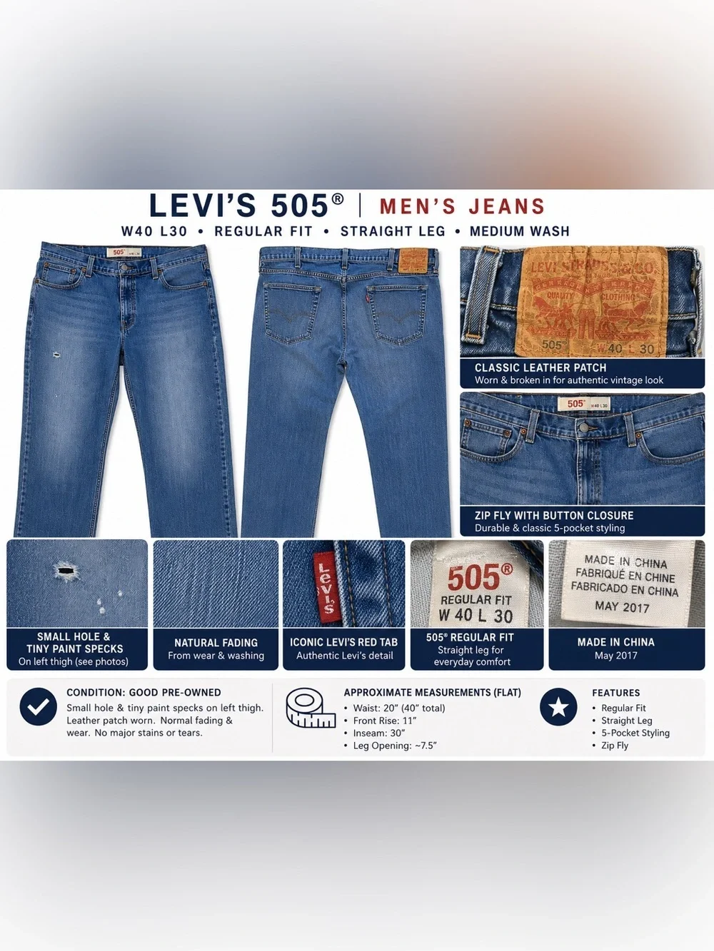 Levi’s 505 Regular Fit Straight Leg Jeans Medium Wash W40 L30 Men